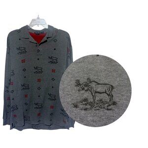 Vintage 90s Nautica Moose Graphic Print Polo Shirt L Long Sleeves AOP Nordic
